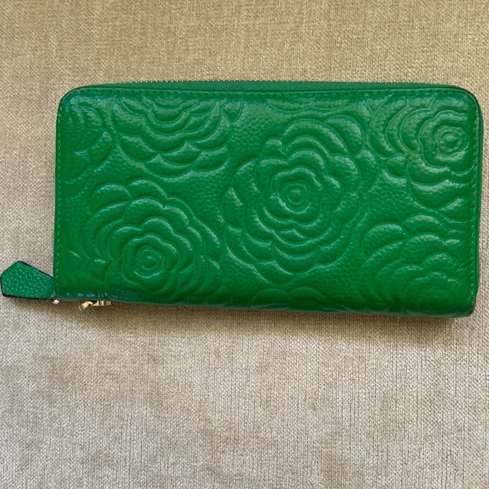 Green Floral Embossed Zip Wallet - Feminine Zip-Around Wallet